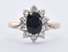 9CT GOLD SAPPHIRE & WHITE STONE CLUSTER RING