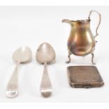 PAIR OF SILVER GEORGIAN SPOONS WITH MATCHBOX HOLDER & CREAMER