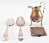 PAIR OF SILVER GEORGIAN SPOONS WITH MATCHBOX HOLDER & CREAMER