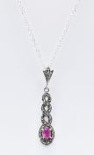 SILVER MARCASITE & PINK STONE SNAKE DROP NECKLACE