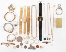 ASSORTMENT OF WATCHES & COSTUME JEWELLERY INCLUDING 9CT GOLD