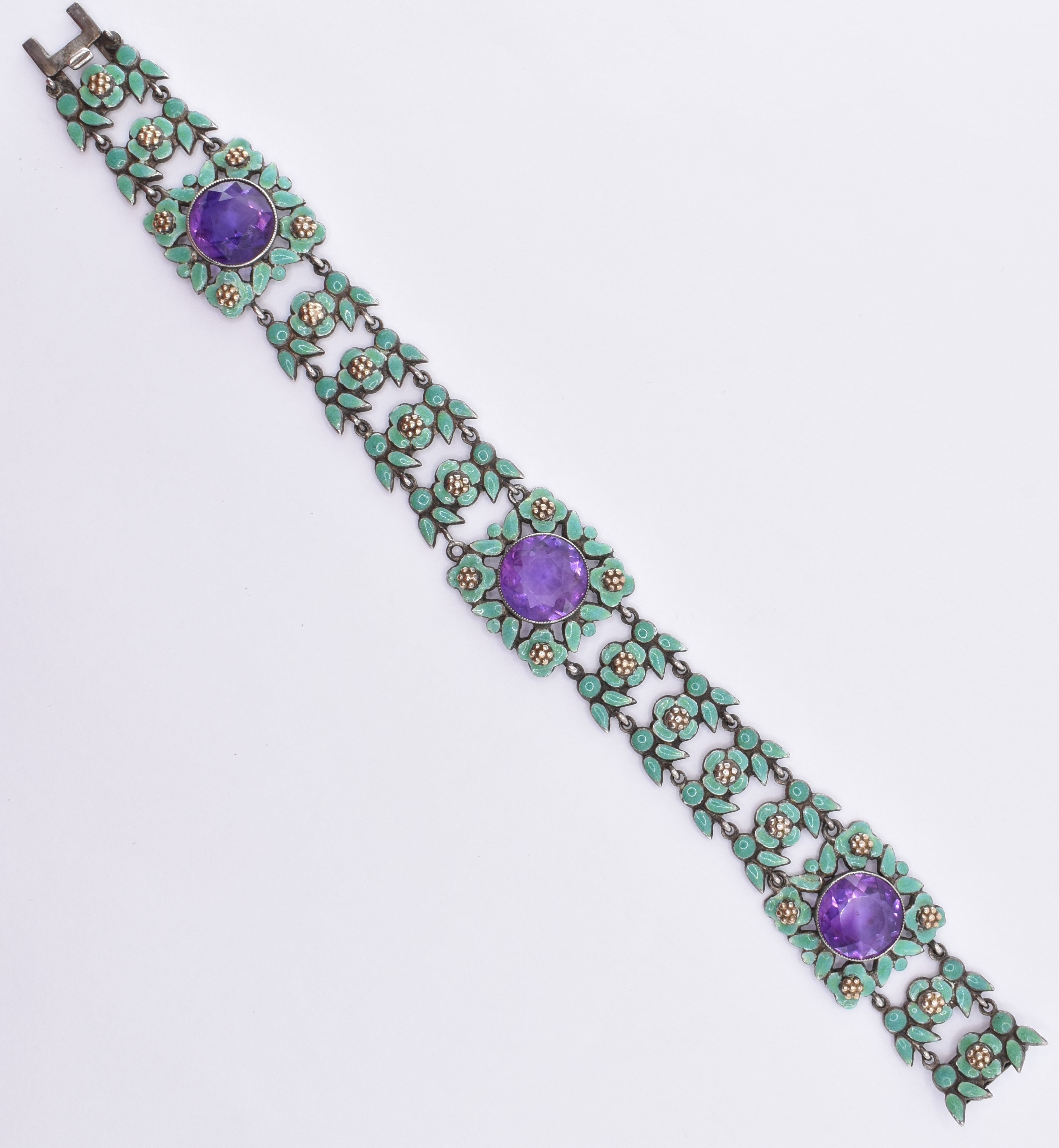 1920'S BERNARD INSTONE ENAMELLED SILVER & AMETHYST BRACELET