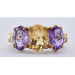 9CT GOLD CITRINE AMETHYST & DIAMOND RING