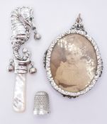 SILVER CHILDS RATTLE, THIMBLE & CHILDS LOCKET