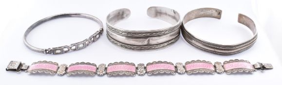 ASSORTMENT OF SILVER BRACELETS INCLUDING PINK ENAMEL