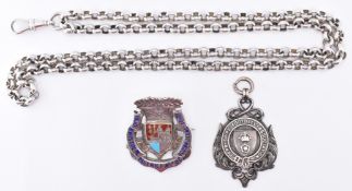 SILVER LONG CHAIN & TWO EDWARDIAN FOOTBALL MEDALS