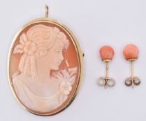9CT GOLD CAMEO BROOCH & CORAL EARRINGS