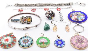 GROUP OF SILVER JEWELLERY & MILLEFIORI GLASS PENDANTS