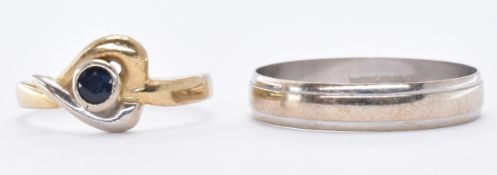 9CT WHITE GOLD BAND RING & TWO TONE 9CT GOLD RING