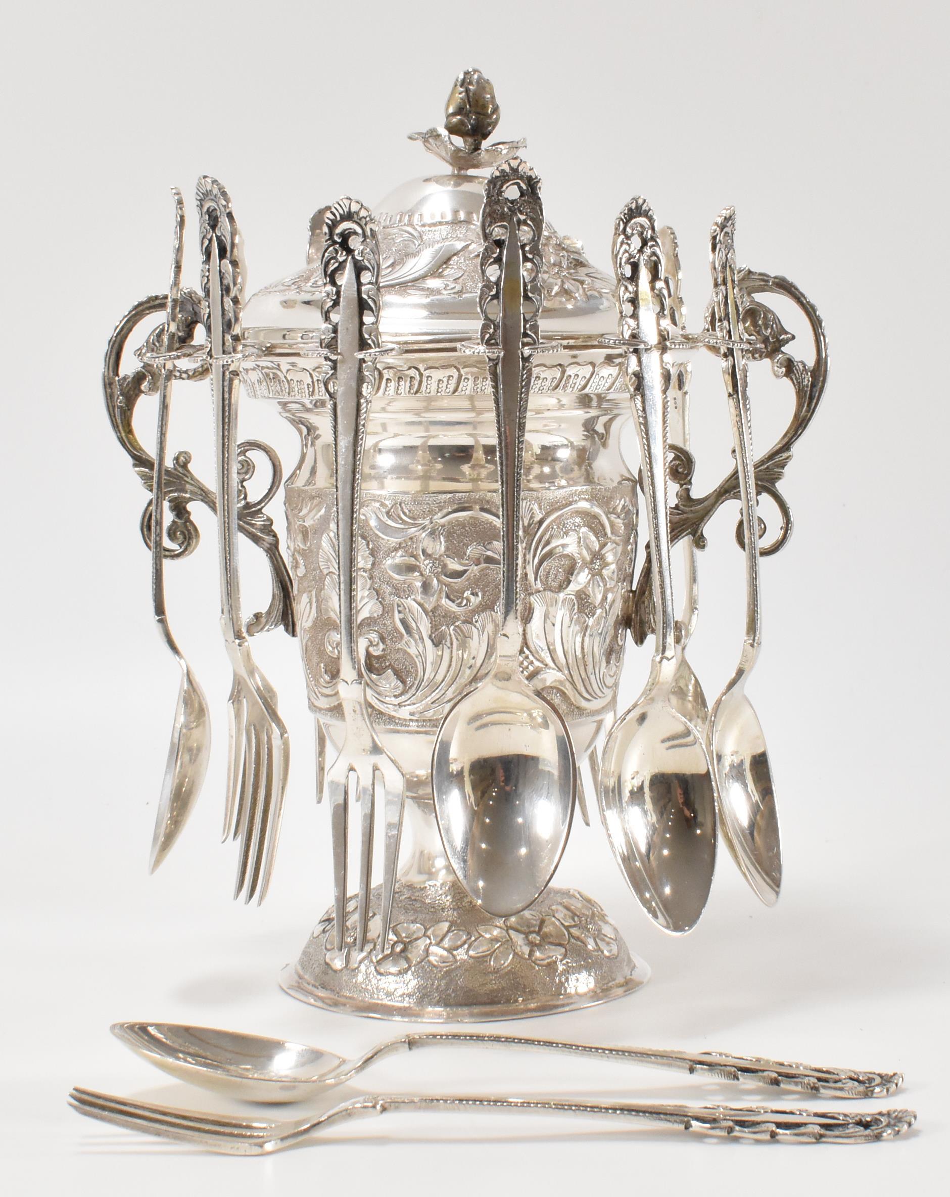 SILVER LIDDED SPOONER & DESSERT CUTLERY - Image 2 of 9