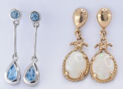 TWO PAIRS OF 9CT GOLD DROP EARRINGS INCLUDNG OPAL