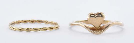 9CT GOLD HEART RING & 14CT GOLD ROPE TWIST RING