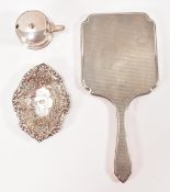 VICTORIAN SILVER PIN TRAY WITH A MUSTARD POT AND MIRROR
