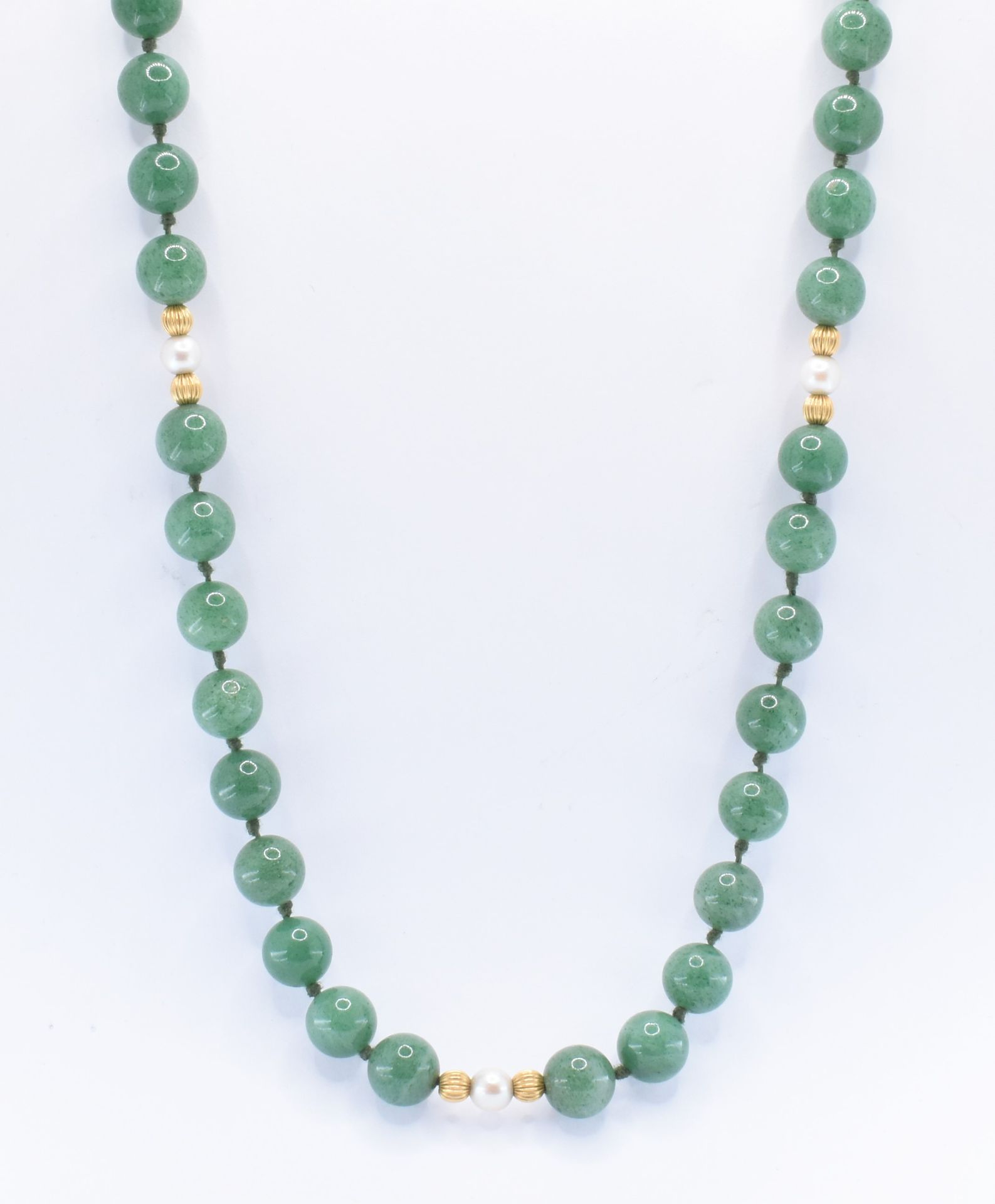 14CT GOLD AVENTURINE & PEARL BEADED NECKLACE