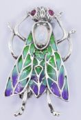 SILVER PLIQUE A JOUR INSECT BROOCH SET WITH OPAL & PINK STONES.