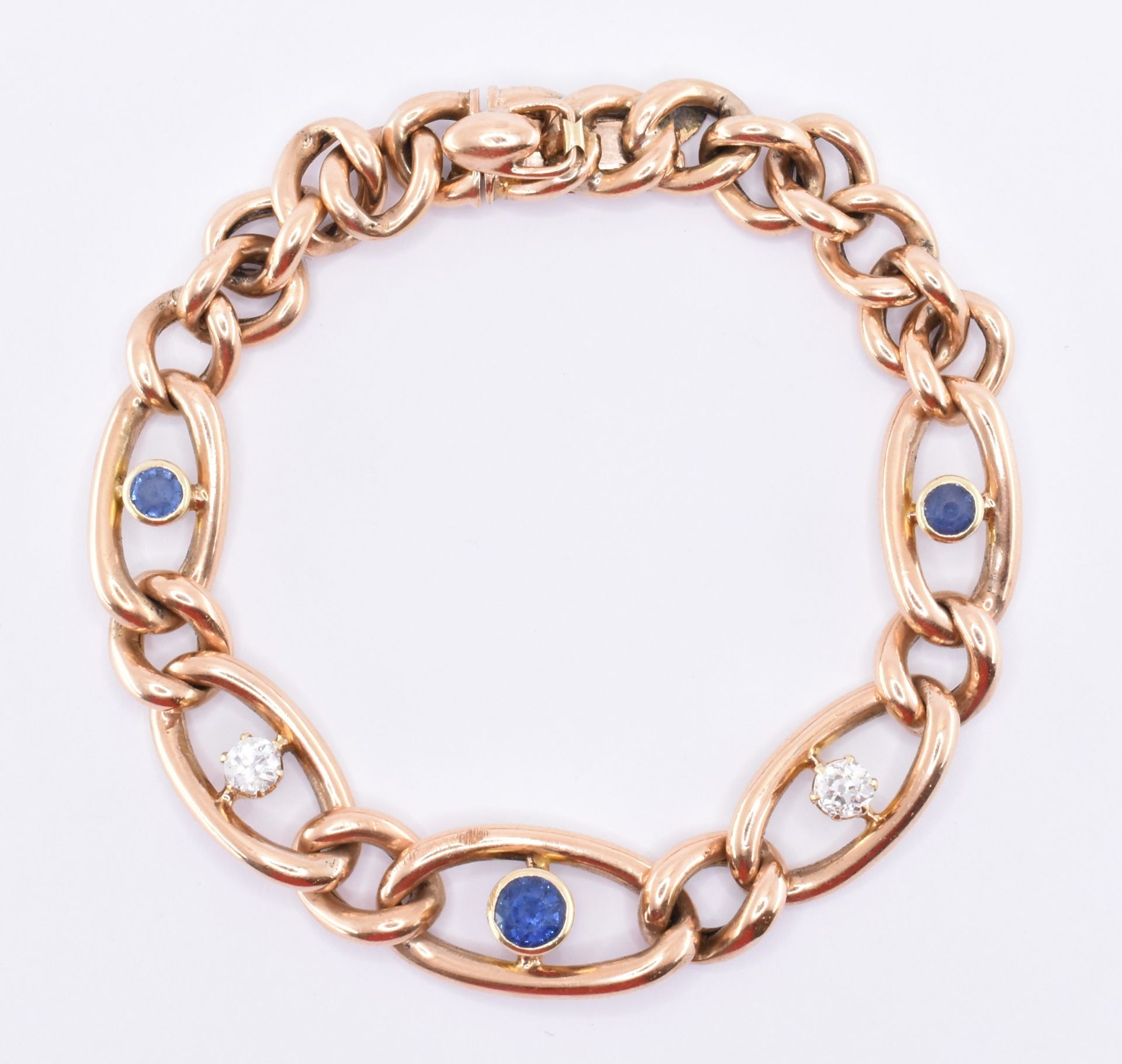 15CT GOLD DIAMOND & SAPPHIRE CURB LINK BRACELET