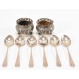 SET OF SIX SILVER TEASPOONS & A PAIR OF SILVER TABLE SALTS