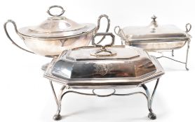 WITHDRAWN THREE SILVER PLATED TUREENS INCLUDING ATKIN BROTHERS