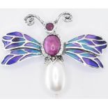 SILVER PLIQUE A JOUR RUBY & PEARL INSECT BROOCH