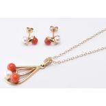 9CT GOLD CORAL & PEARL JEWELLERY SUITE