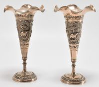 PAIR OF INDIAN SILVER WHITE METAL STEM VASES