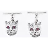 PAIR OF SILVER & RUBY CAT CUFFLINKS