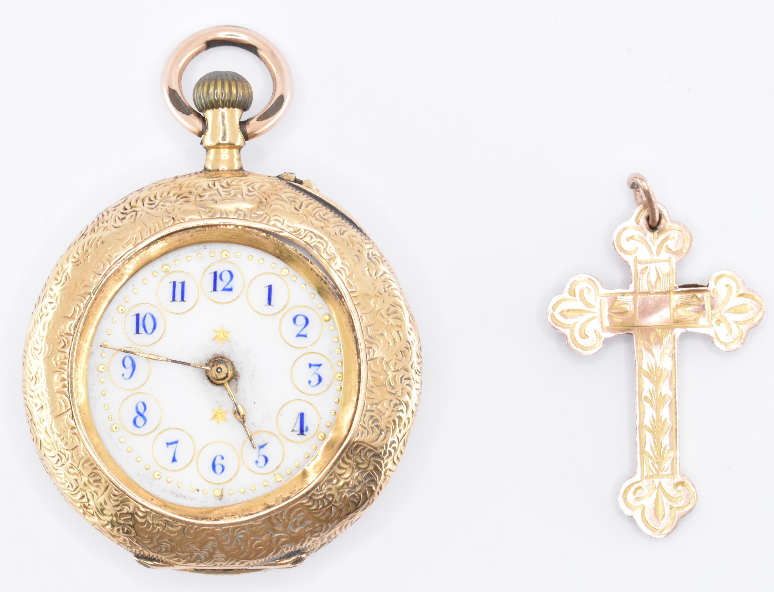 VICTORIAN 18CT GOLD POCKET WATCH & CRUCIFIX PENDANT