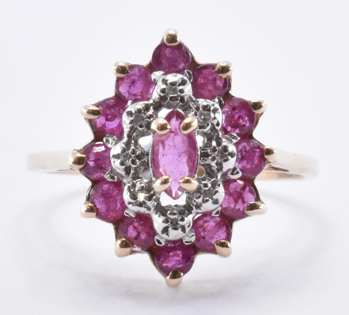 9CT GOLD CLUSTER RING WITH RUBIES AND DIAMONDS