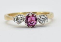 15CT GOLD RUBY & DIAMOND THREE STONE RING