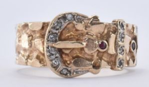 9CT GOLD DIAMOND & RUBY BUCKLE RING