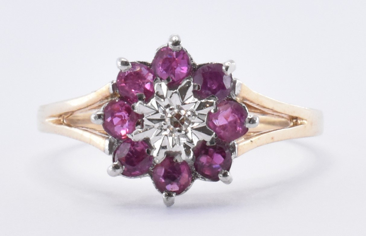 HALLMARKED 9CT RUBY & DIAMOND CLUSTER RING