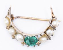 VICTORIAN GREEN STONE & PEARL CRESCENT BROOCH