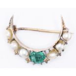 VICTORIAN GREEN STONE & PEARL CRESCENT BROOCH