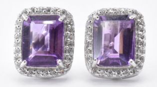 PAIR OF SILVER CZ & AMETHYST STUD EARRINGS