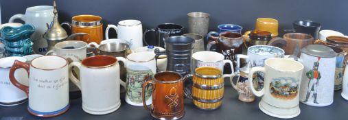 LARGE COLLECTION OF METAL, WOOD & CERAMIC TANKARDS