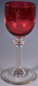 19TH CENTURY ETCHED CRANBERRY GLASS STAG WINE GLASS