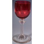 19TH CENTURY ETCHED CRANBERRY GLASS STAG WINE GLASS