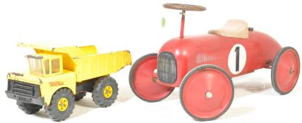 VINTAGE RETRO TINPLATE RACING CAR AND A TONKA TIPPING TRUCK