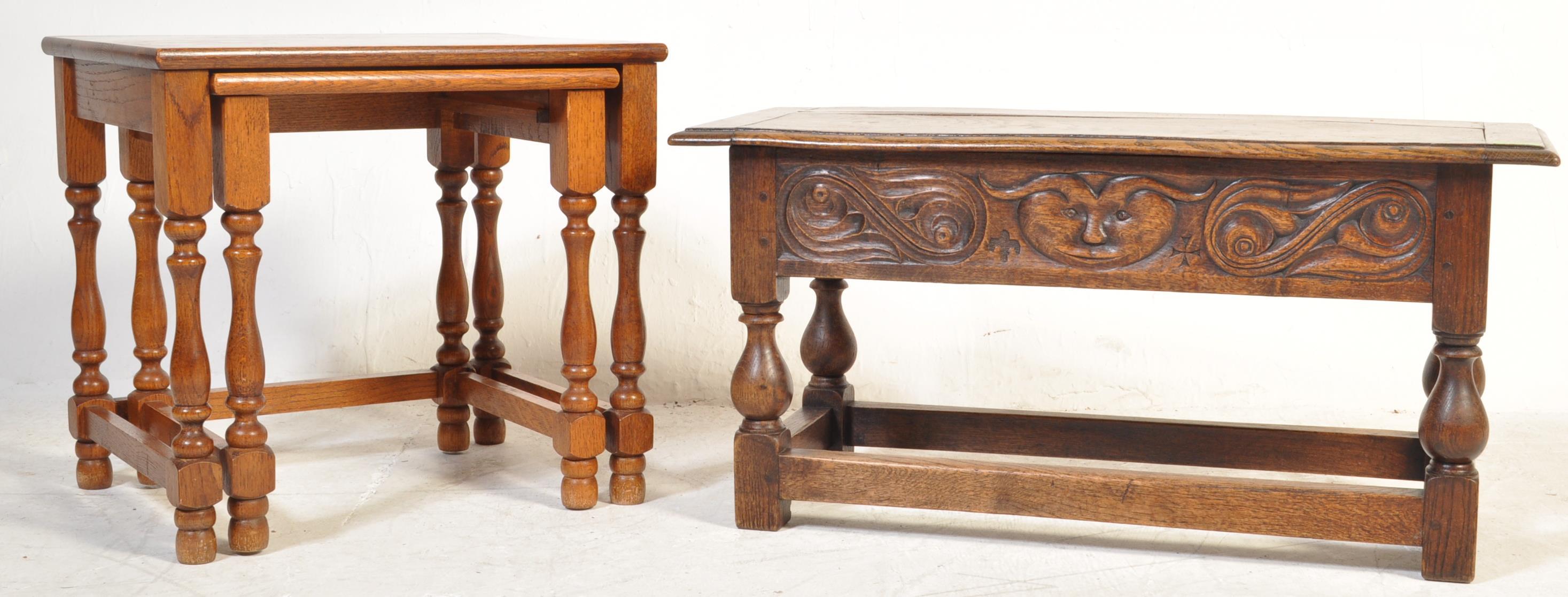 17TH CENTURY STYLE COFFER / BIBLE BOX ON STAND TOGETHER WITH A NEST OF TABLES