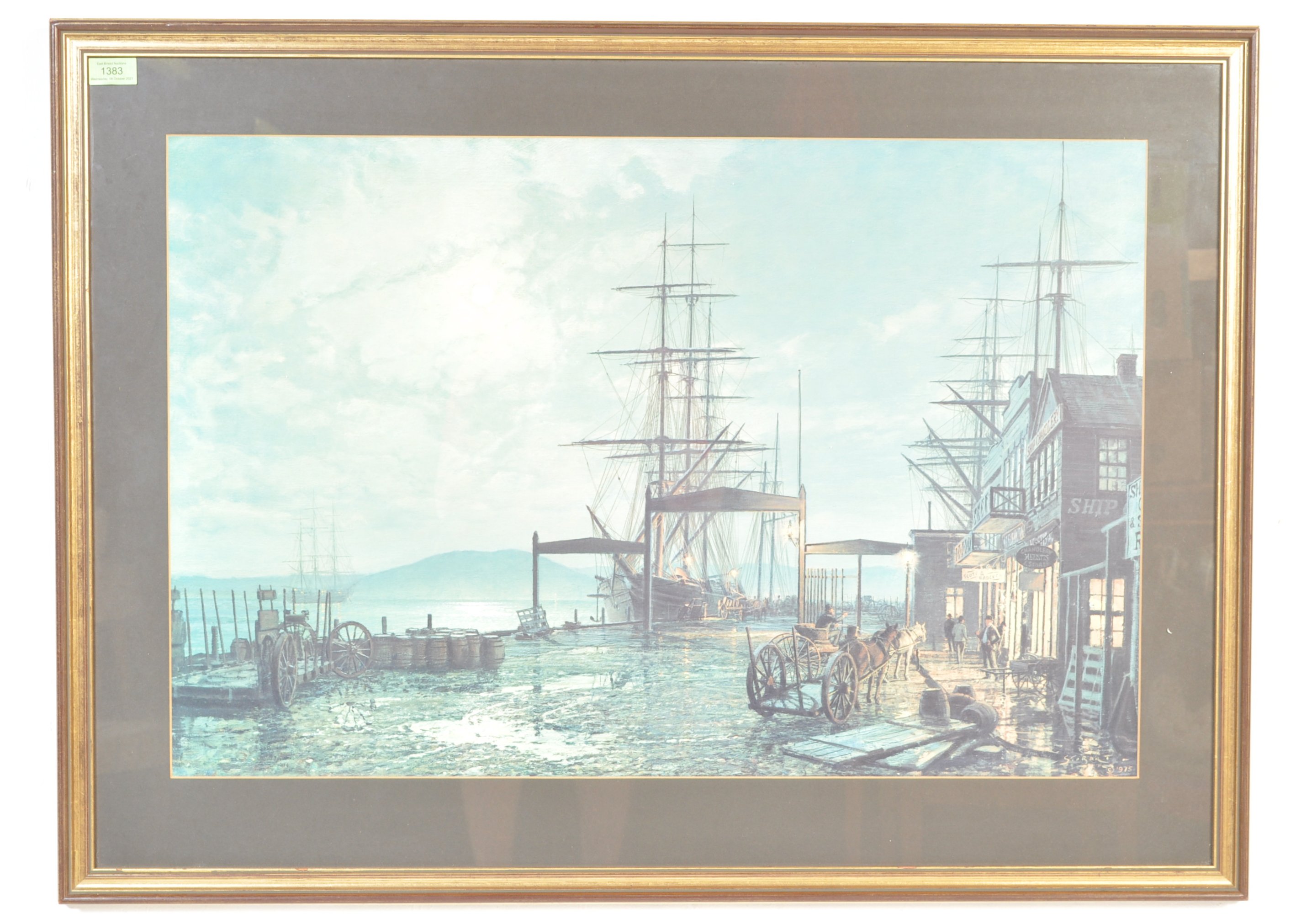 AFTER JOHN STOBART VINTAGE LATE 20TH CENTURY PRINT OF A SHIP IN SAN FRANCISCO DOCKS