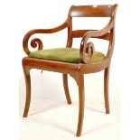 EARLY 19TH CENTURY REGENCY MAHOGANY SCROLLED ARM CHAIR