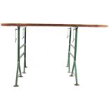 VINTAGE INDUSTRIAL WORKMAN OAK AND METAL TRESTLE TABLE