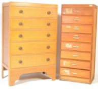 TWO MID CENTURY PANEL WOOD PEDESTAL CHEST OF DRAWERS