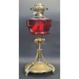 19TH CENTURY VICTORIAN ART NOUVEAU BRASS GLASS OIL LAMP