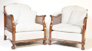 PAIR OF EDWARDIAN MAHOGANY CANED BERGERE ARMCHAIRS