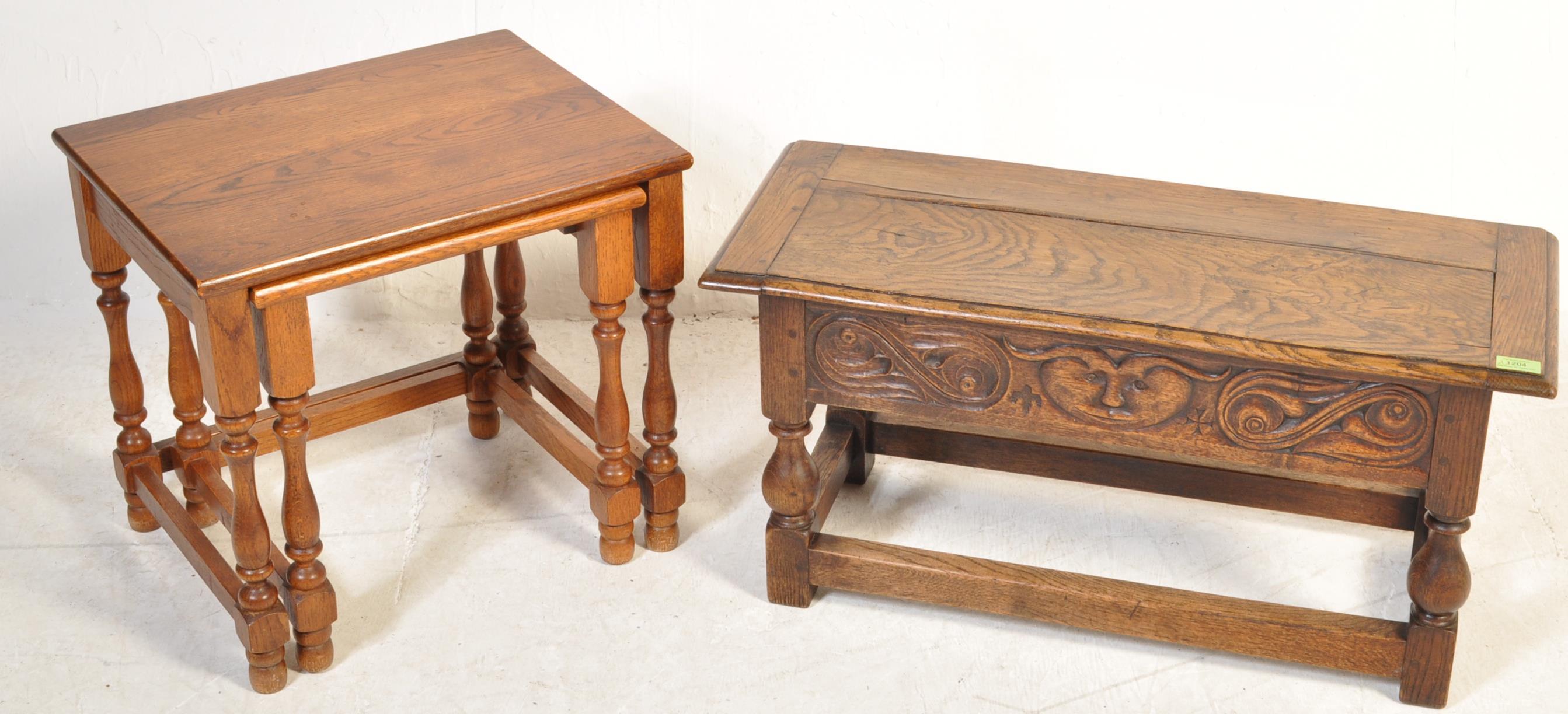17TH CENTURY STYLE COFFER / BIBLE BOX ON STAND TOGETHER WITH A NEST OF TABLES - Image 2 of 6