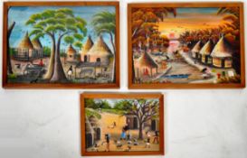 SET OF THREE AFRICAN OIL ON CANVAS TRIBAL VILLAGE PAINTINGS