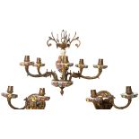 MID CENTURY SPANISH BRASS & CERAMIC FIVE ARM CHANDELIER AND SCONCES