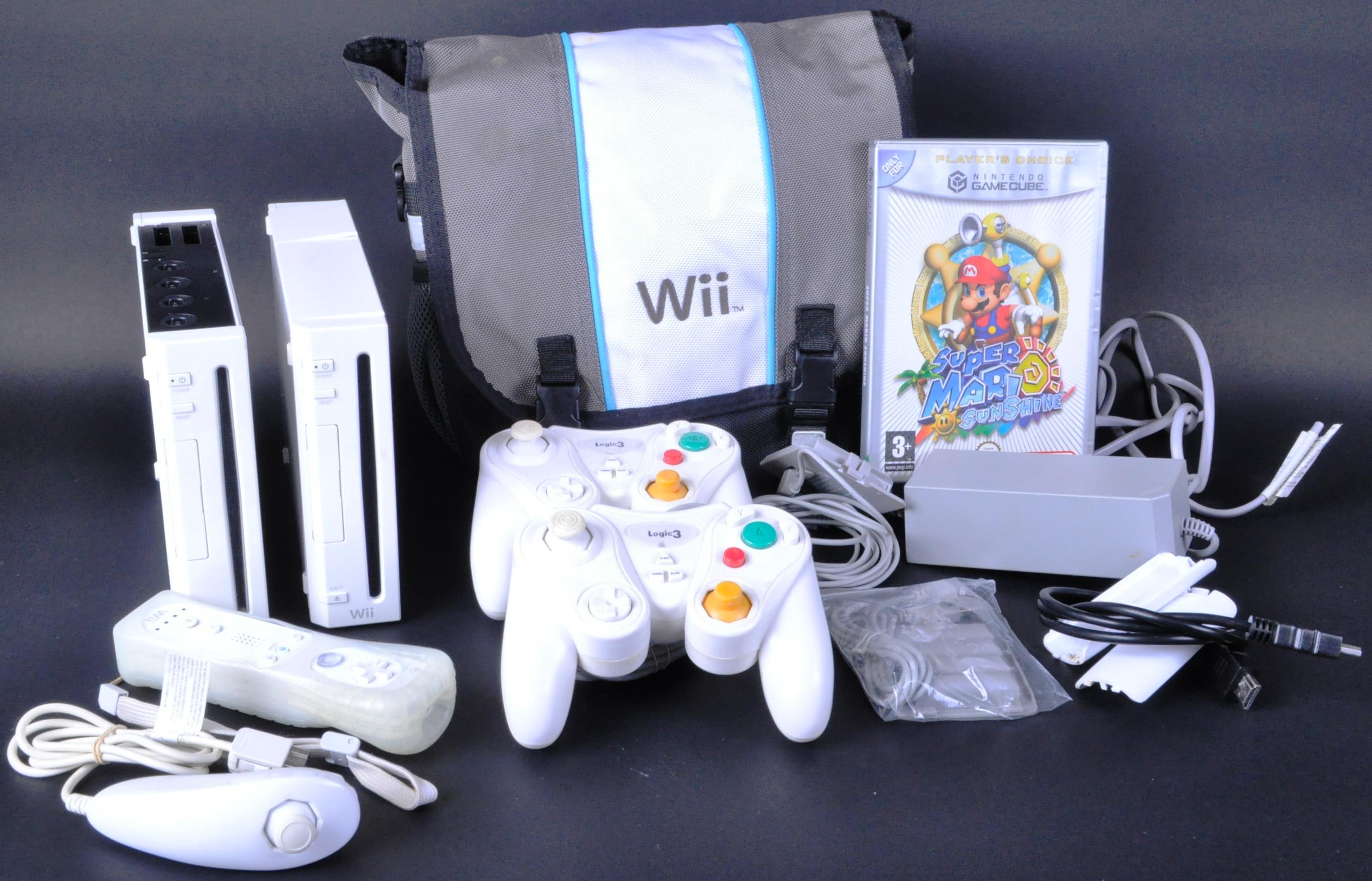 TWO NINTENDO WII CONSOLES, CONTROLLERS, ACCESSORIES & GAMECUBE GAME