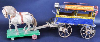 19TH CENTURY HAND MADE WOODEN PULL ALONG HORSE & CART